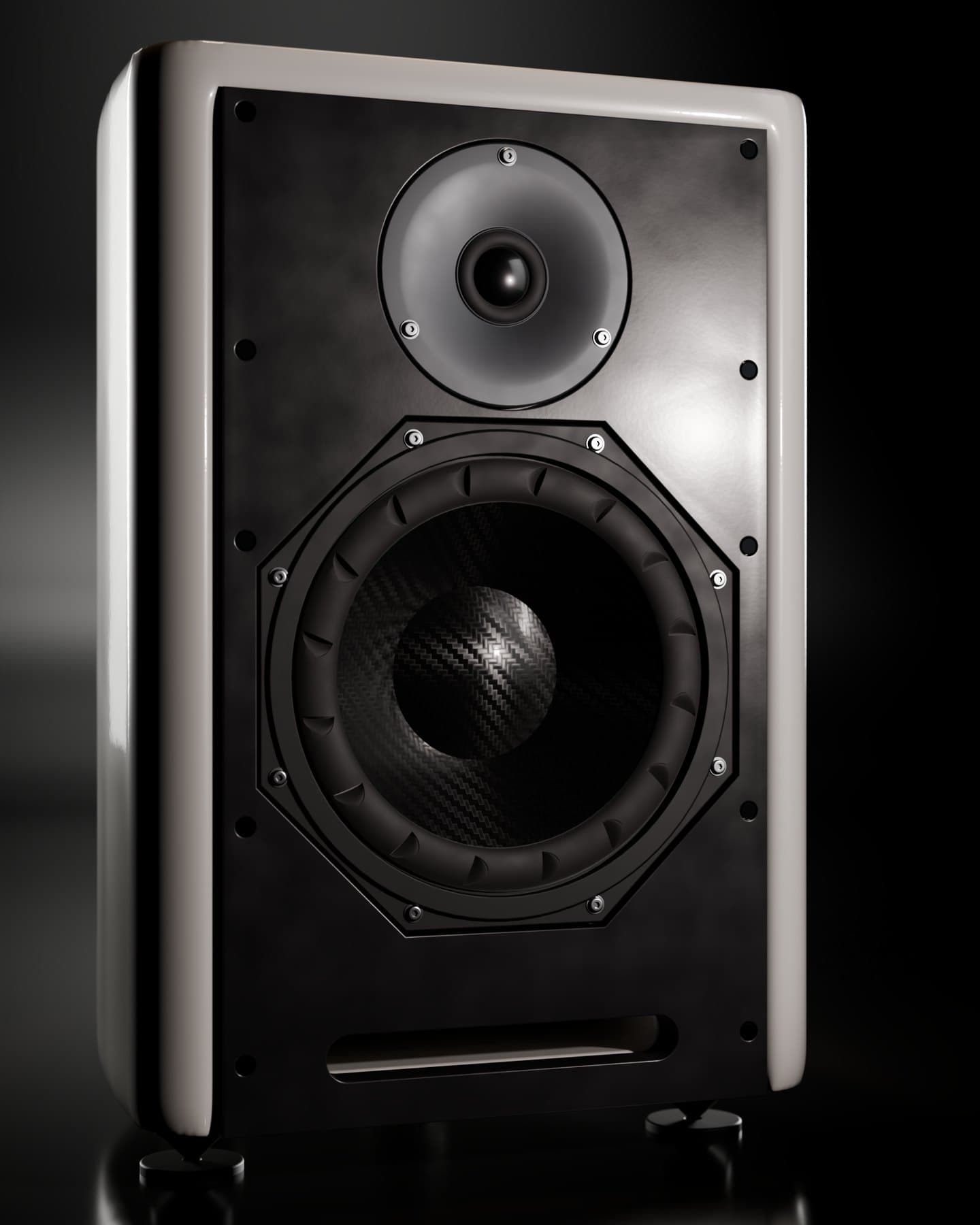 Detalle del frontal negro satinado con el tweeter y el woofer