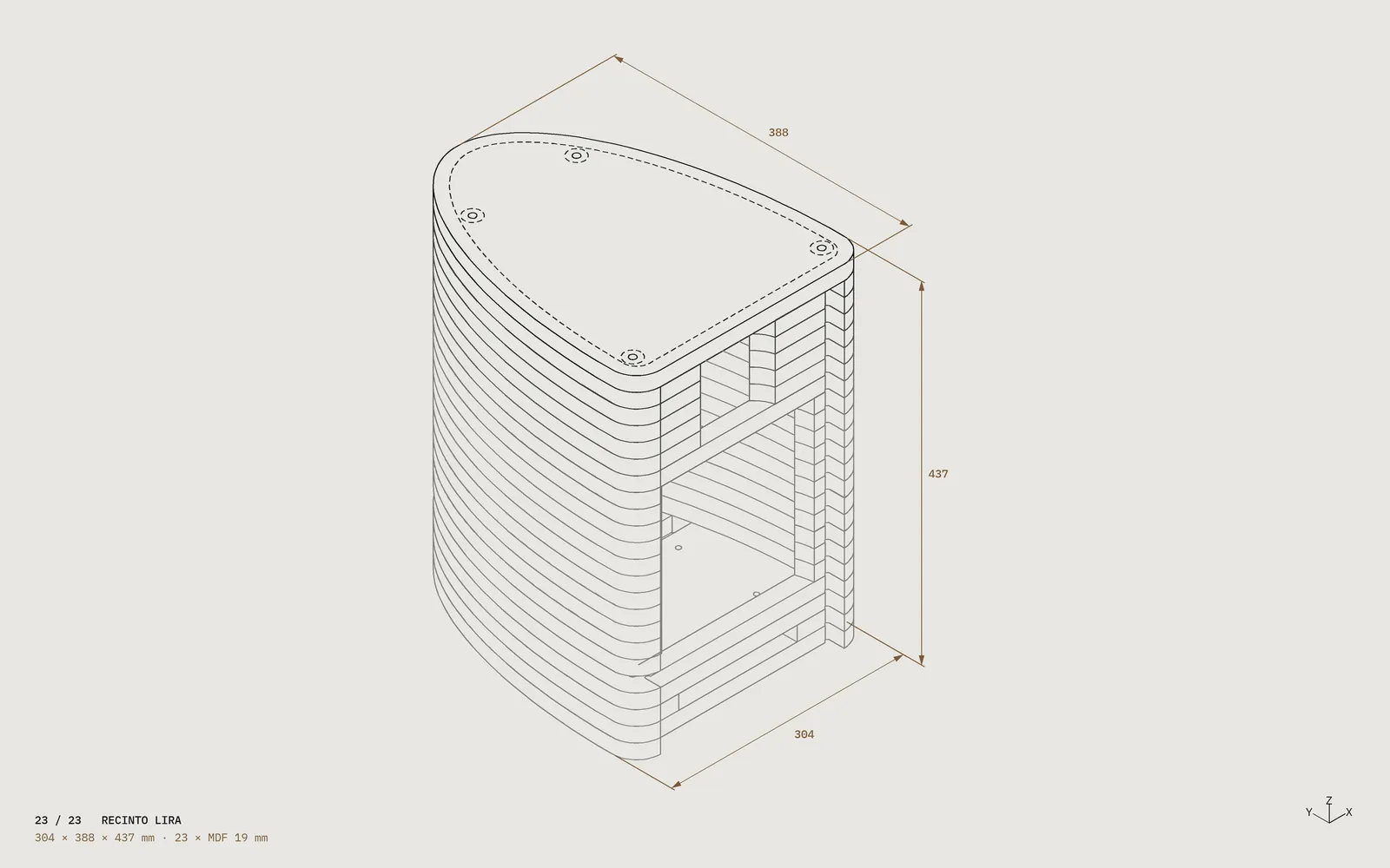 Dibujo técnico del recinto Lira: perfiles de las capas y volumen resultante.