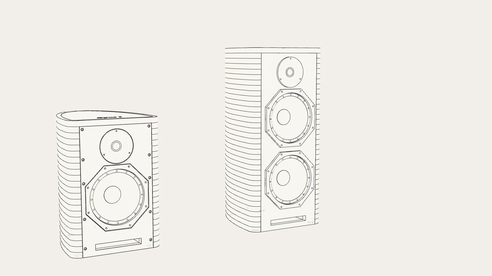 Columna conceptual en líneas sobre la base de Opus I: 35 capas, dos woofers juntos y un tweeter arriba, montada sobre las varillas alargadas, junto a una Opus I completa como referencia.